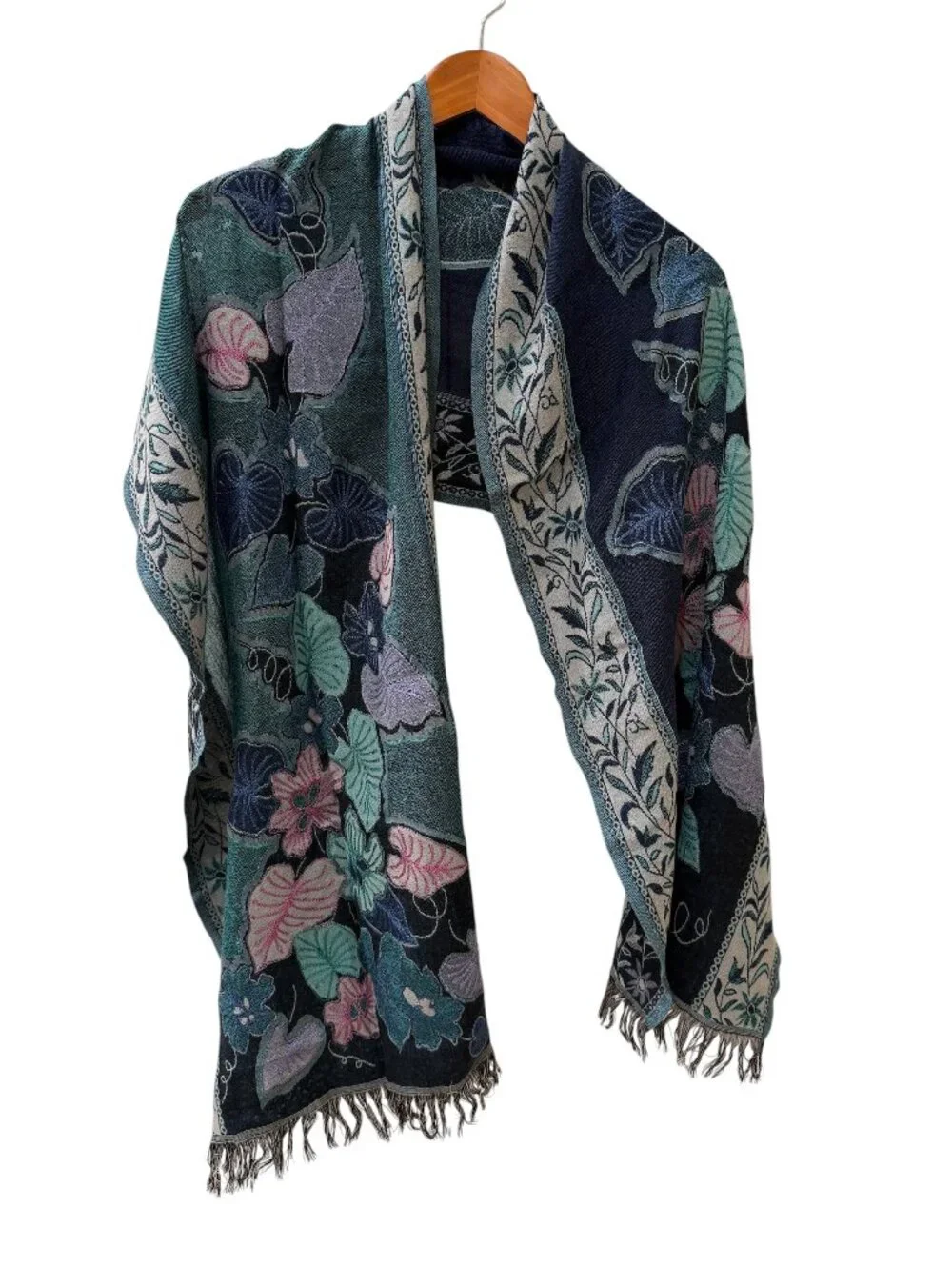 Teal Botanical Woven Scarf Fringe Tapestry Wrap Cozy